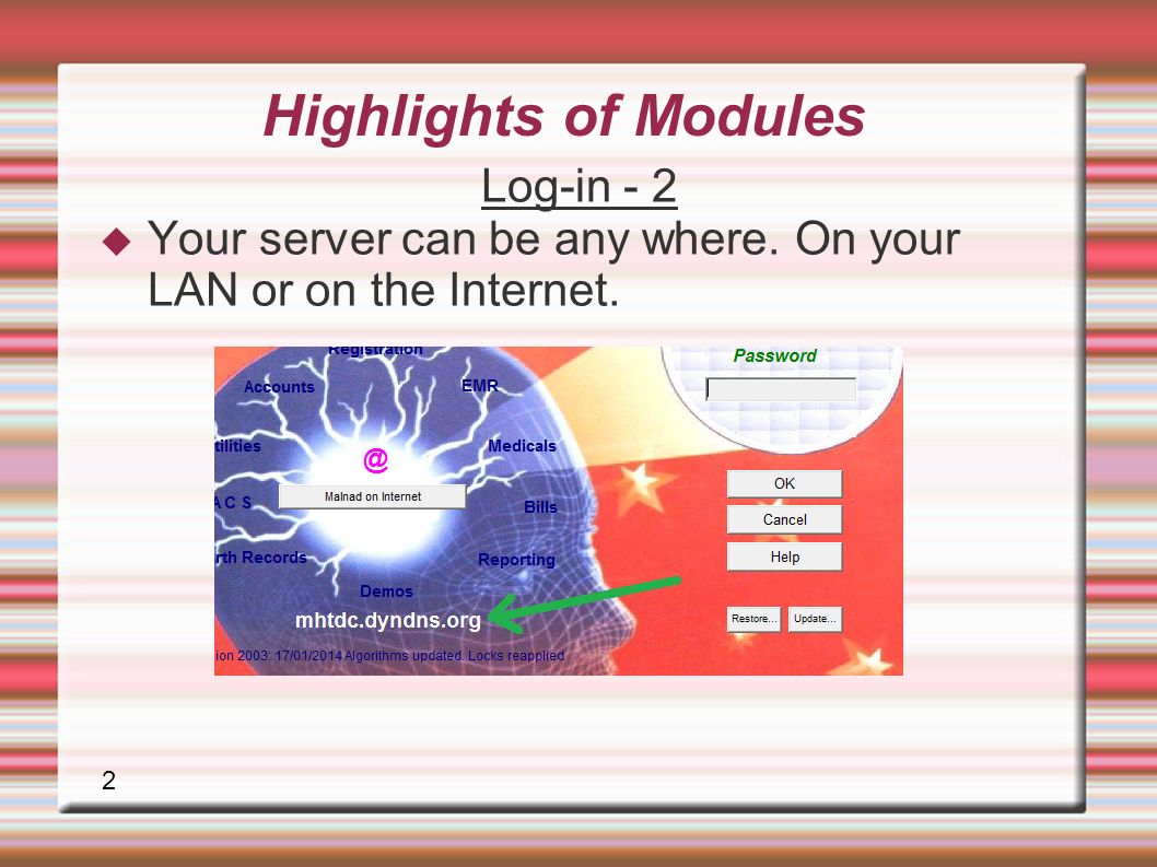 2 Highlights of Modules Log-in - 2  Your server can be any where. On your LAN or on the Internet.