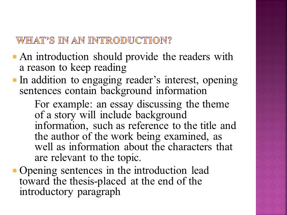 Essay Examples For High School An Introduction Should Provide The Readers With A Reason To Keep Reading In Addition Religion And Science Essay also Thesis Examples For Argumentative Essays Introduction Opening Sentence Attention Grabber Or Hook Argument Essay Topics For High School