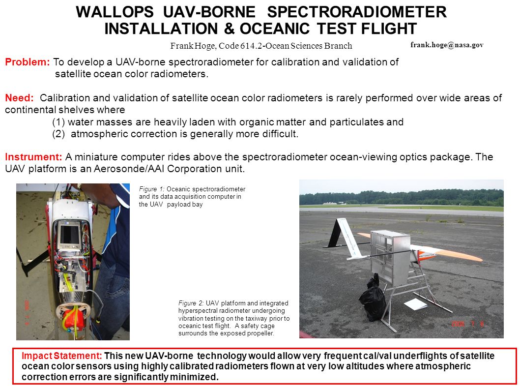 WALLOPS UAV-BORNE SPECTRORADIOMETER INSTALLATION & OCEANIC TEST FLIGHT Frank Hoge, Code Ocean Sciences Branch Problem: To develop a UAV-borne spectroradiometer for calibration and validation of satellite ocean color radiometers.