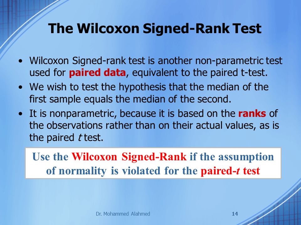 The Wilcoxon Signed-Rank Test Wilcoxon Signed-rank test is another non-parametric test used for paired data, equivalent to the paired t-test.