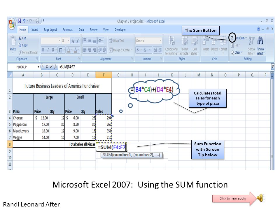 how to sum a column in excel 2007