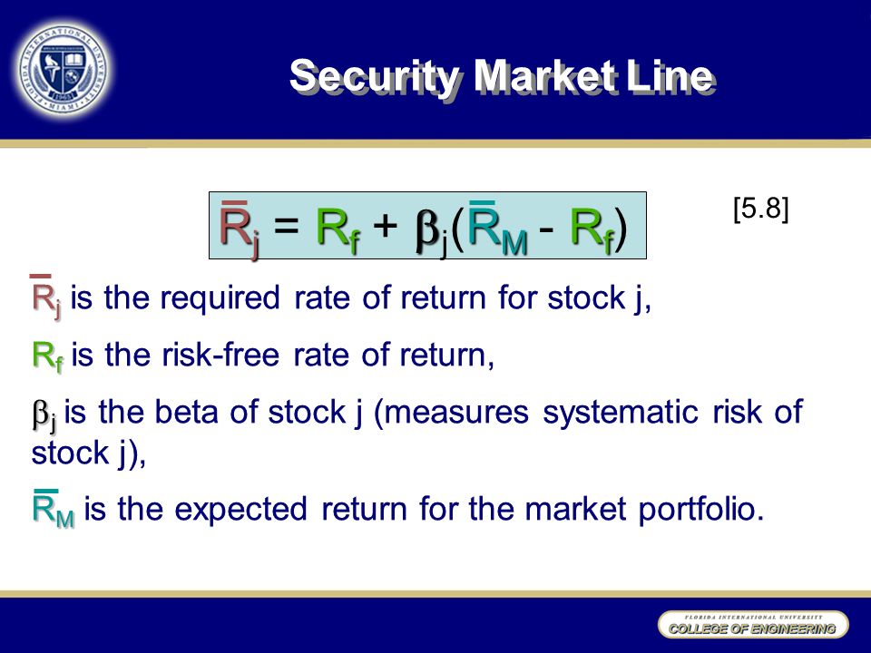 R j R j is the required rate of return for stock j, R f R f is the risk-free rate of return,  j  j is the beta of stock j (measures systematic risk of stock j), R M R M is the expected return for the market portfolio.