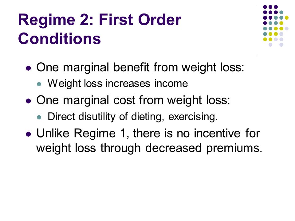 Regime 2: First Order Conditions One marginal benefit from weight loss: Weight loss increases income One marginal cost from weight loss: Direct disutility of dieting, exercising.