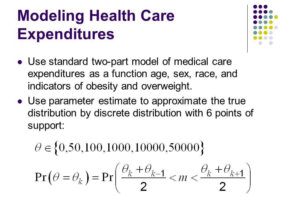 Modeling Health Care Expenditures Use standard two-part model of medical care expenditures as a function age, sex, race, and indicators of obesity and overweight.