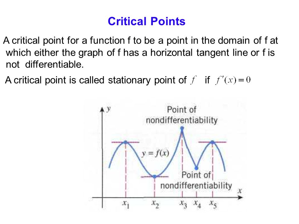Critical Points A critical point for a function f to be a point in the doma...