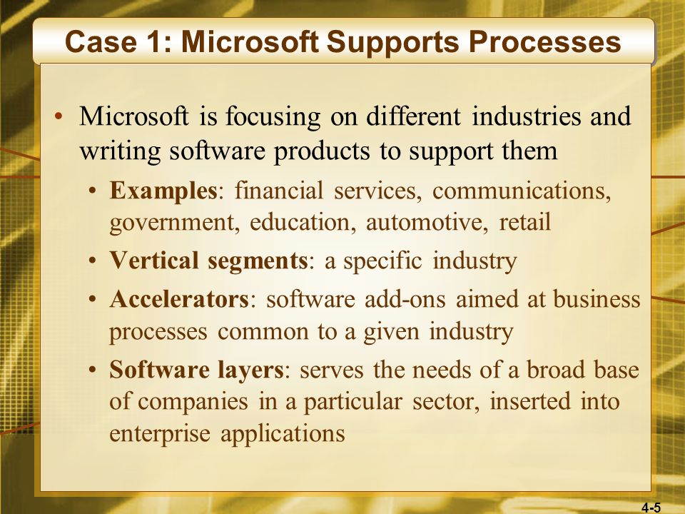 4-5 Case 1: Microsoft Supports Processes Microsoft is focusing on different industries and writing software products to support them Examples: financial services, communications, government, education, automotive, retail Vertical segments: a specific industry Accelerators: software add-ons aimed at business processes common to a given industry Software layers: serves the needs of a broad base of companies in a particular sector, inserted into enterprise applications