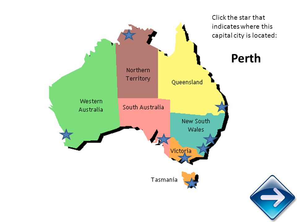 Click the star that indicates where this capital city is located: Perth