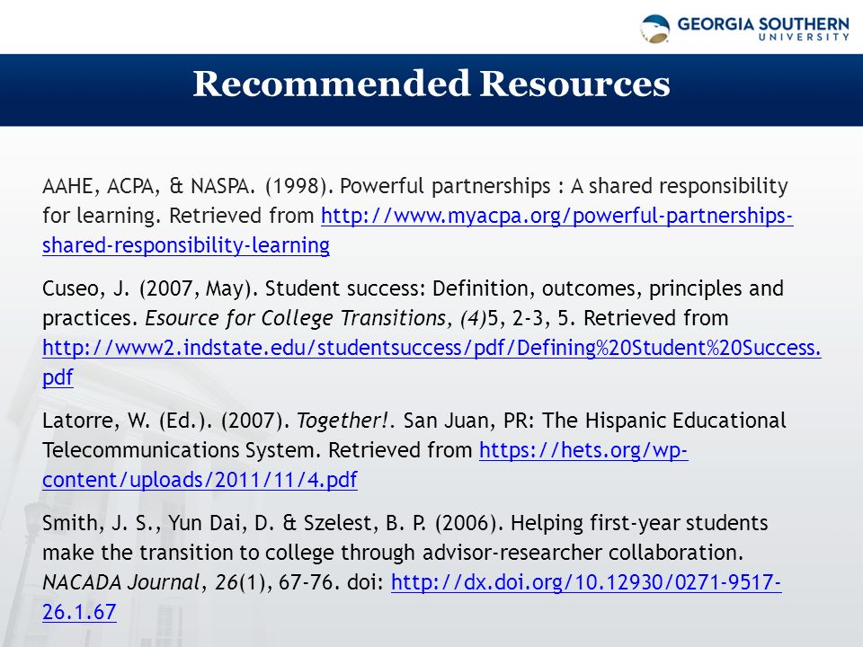 Recommended Resources AAHE, ACPA, & NASPA. (1998).