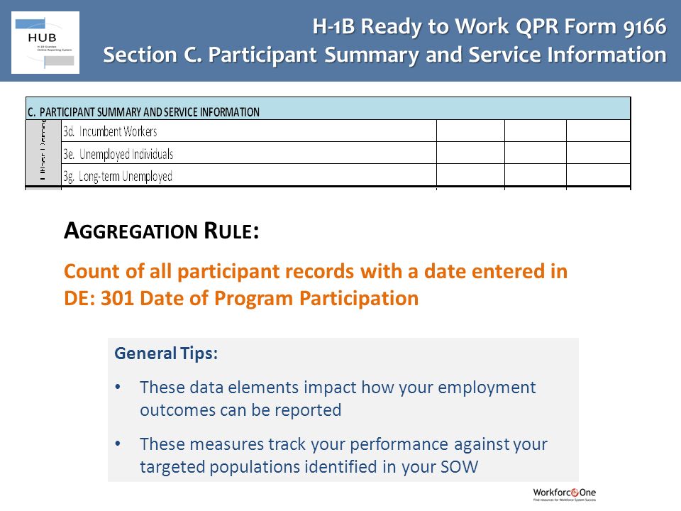 General Tips: These data elements impact how your employment outcomes can be reported These measures track your performance against your targeted populations identified in your SOW A GGREGATION R ULE : Count of all participant records with a date entered in DE: 301 Date of Program Participation