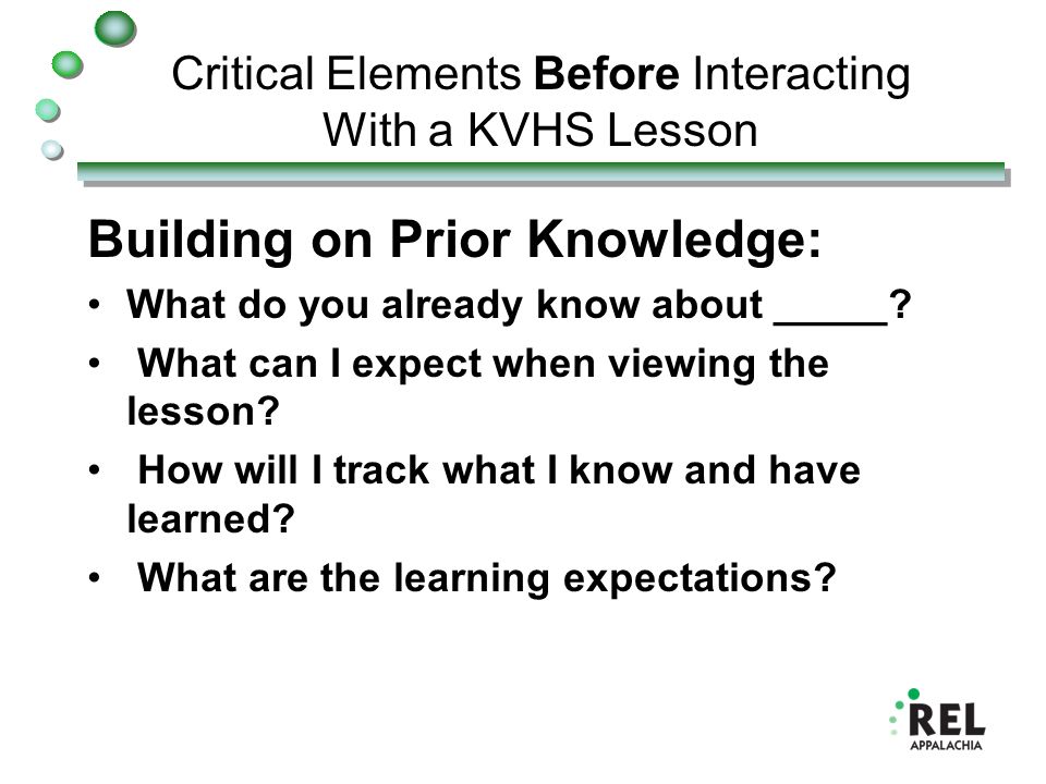 Critical Elements Before Interacting With a KVHS Lesson Building on Prior Knowledge: What do you already know about _____.