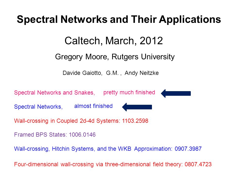 Spectral Networks and Their Applications Gregory Moore, Rutgers University Caltech, March, 2012 Davide Gaiotto, G.M., Andy Neitzke Spectral Networks and Snakes, Spectral Networks, Wall-crossing in Coupled 2d-4d Systems: Framed BPS States: Wall-crossing, Hitchin Systems, and the WKB Approximation: almost finished pretty much finished Four-dimensional wall-crossing via three-dimensional field theory: