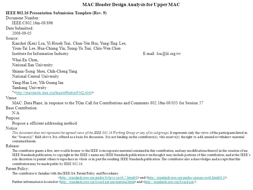MAC Header Design Analysis for Upper MAC IEEE Presentation Submission Template (Rev.