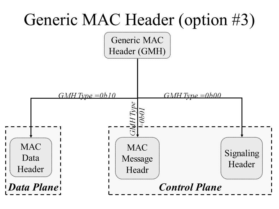 Data PlaneControl Plane Generic MAC Header (option #3) Generic MAC Header (GMH) MAC Message Headr MAC Data Header Signaling Header GMH Type =0b00GMH Type =0b10 GMH Type =0b01