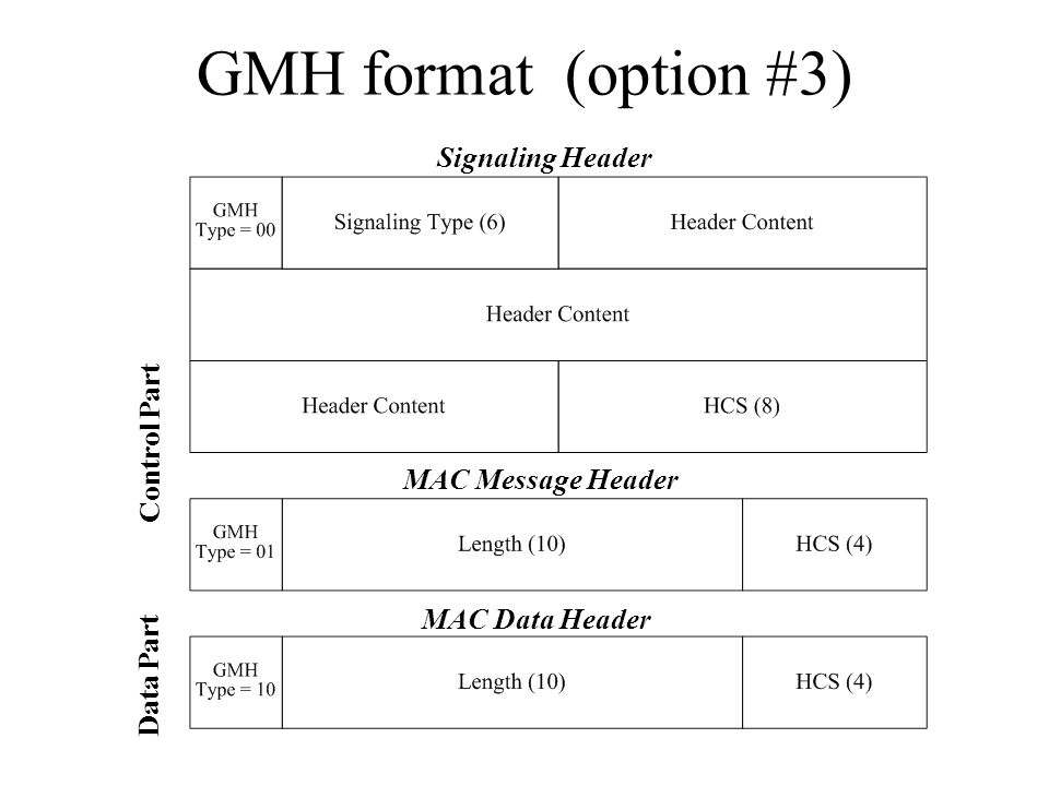 GMH format (option #3) Control Part MAC Data Header MAC Message Header Signaling Header Data Part