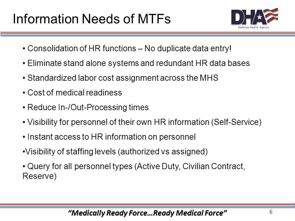 6 Medically Ready Force…Ready Medical Force Information Needs of MTFs Consolidation of HR functions – No duplicate data entry.