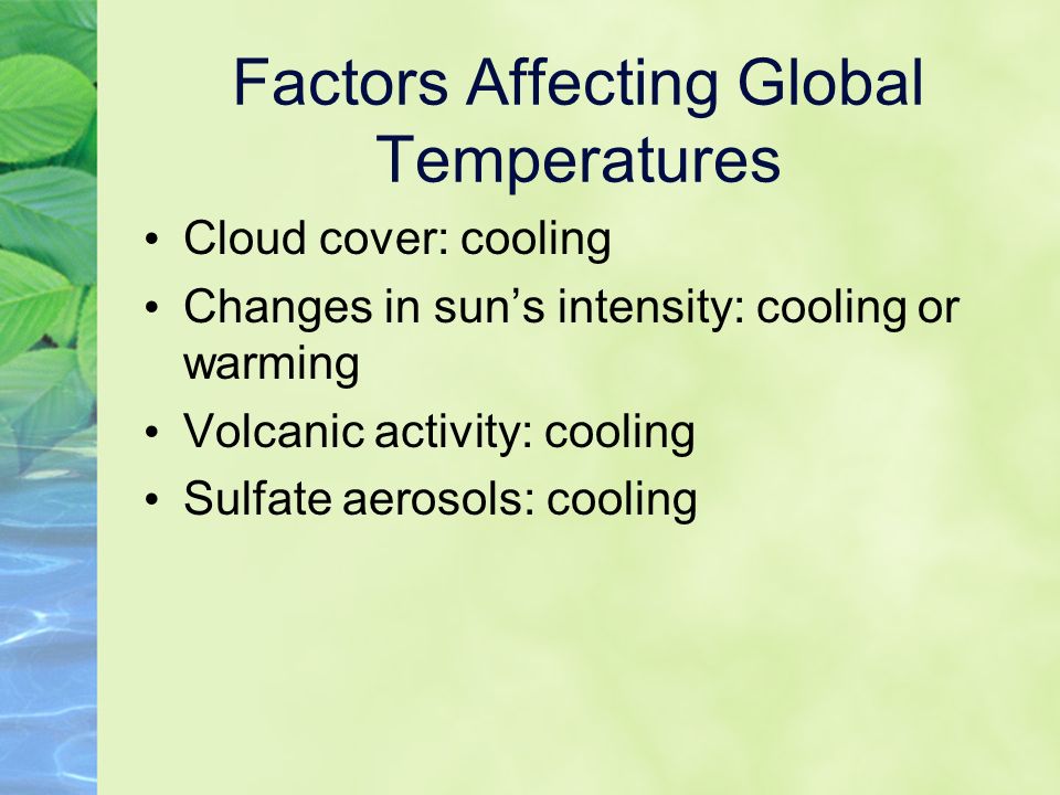 Factors Affecting Global Temperatures Cloud cover: cooling Changes in sun’s intensity: cooling or warming Volcanic activity: cooling Sulfate aerosols: cooling