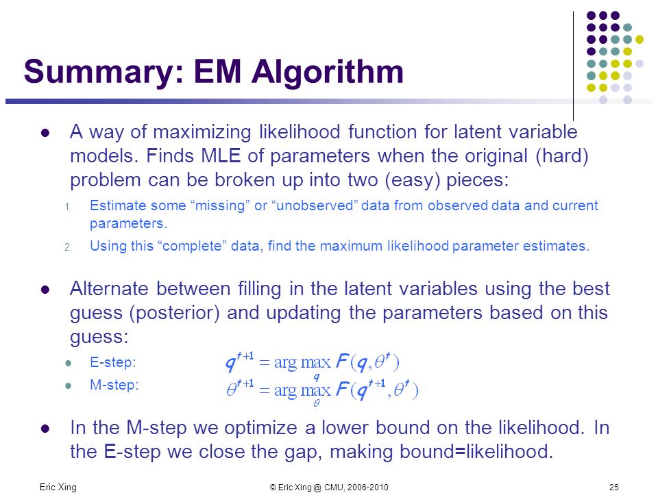 Eric Xing © Eric CMU, Summary: EM Algorithm A way of maximizing likelihood function for latent variable models.