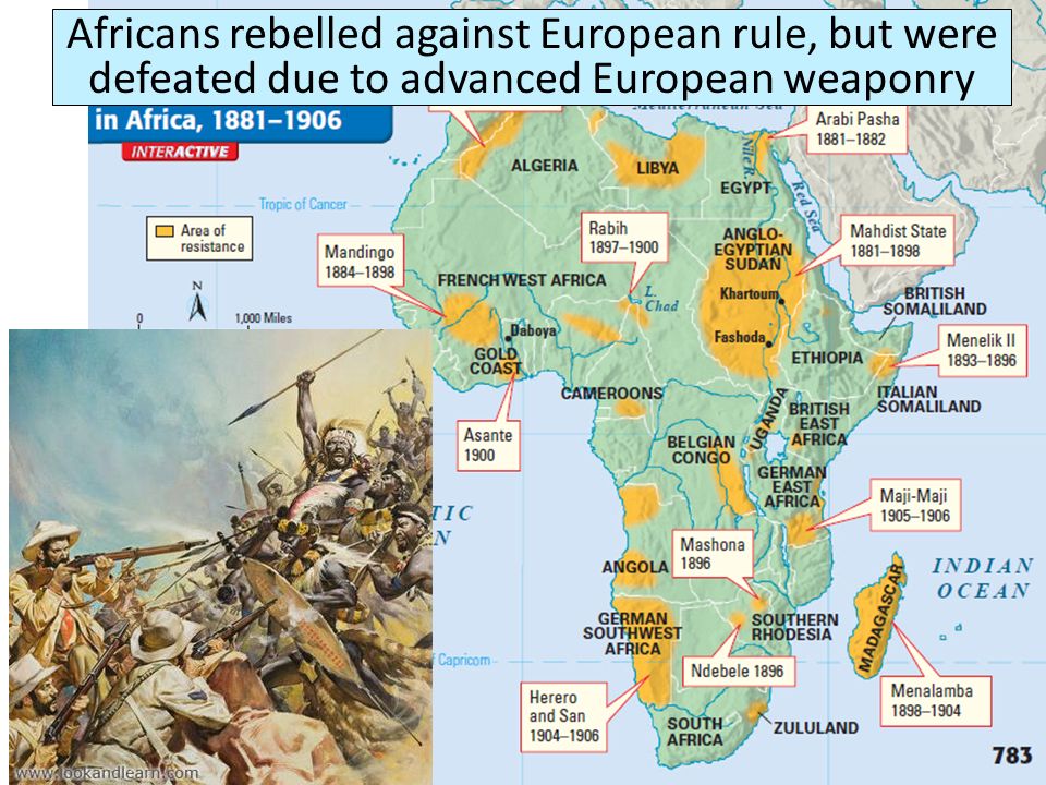 Africans rebelled against European rule, but were defeated due to advanced European weaponry