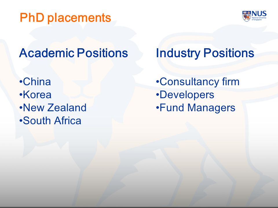 PhD placements Academic Positions China Korea New Zealand South Africa Industry Positions Consultancy firm Developers Fund Managers