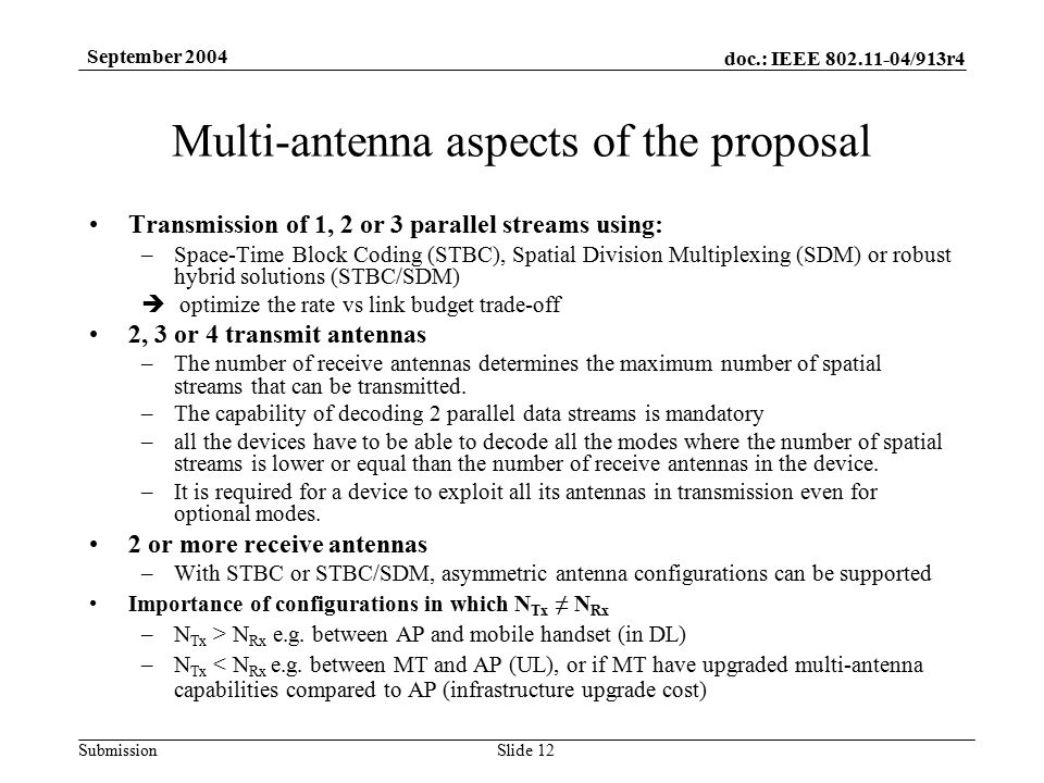 doc.: IEEE /913r4 Submission September 2004 Slide 12 Multi-antenna aspects of the proposal Transmission of 1, 2 or 3 parallel streams using: –Space-Time Block Coding (STBC), Spatial Division Multiplexing (SDM) or robust hybrid solutions (STBC/SDM)  optimize the rate vs link budget trade-off 2, 3 or 4 transmit antennas –The number of receive antennas determines the maximum number of spatial streams that can be transmitted.