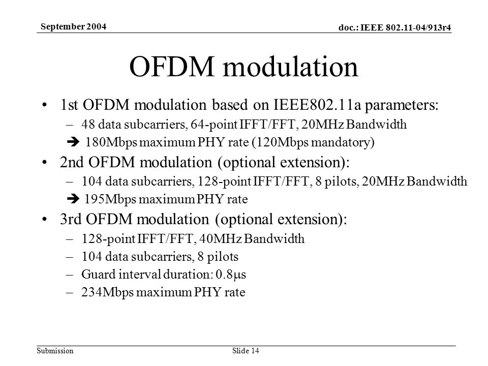doc.: IEEE /913r4 Submission September 2004 Slide 14 OFDM modulation 1st OFDM modulation based on IEEE802.11a parameters: –48 data subcarriers, 64-point IFFT/FFT, 20MHz Bandwidth  180Mbps maximum PHY rate (120Mbps mandatory) 2nd OFDM modulation (optional extension): –104 data subcarriers, 128-point IFFT/FFT, 8 pilots, 20MHz Bandwidth  195Mbps maximum PHY rate 3rd OFDM modulation (optional extension): –128-point IFFT/FFT, 40MHz Bandwidth –104 data subcarriers, 8 pilots –Guard interval duration: 0.8  s –234Mbps maximum PHY rate