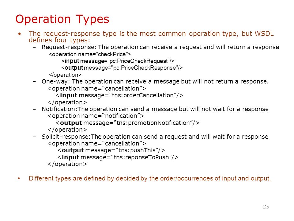 25 Operation Types The request-response type is the most common operation type, but WSDL defines four types: –Request-response: The operation can receive a request and will return a response –One-way: The operation can receive a message but will not return a response.