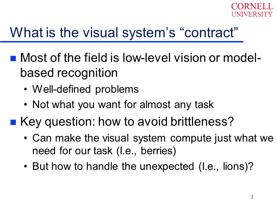 CORNELL UNIVERSITY 3 What is the visual system’s contract n Most of the field is low-level vision or model- based recognition Well-defined problems Not what you want for almost any task n Key question: how to avoid brittleness.