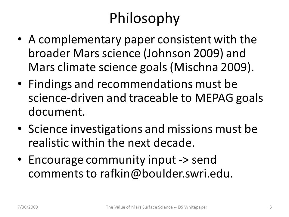 Philosophy A complementary paper consistent with the broader Mars science (Johnson 2009) and Mars climate science goals (Mischna 2009).