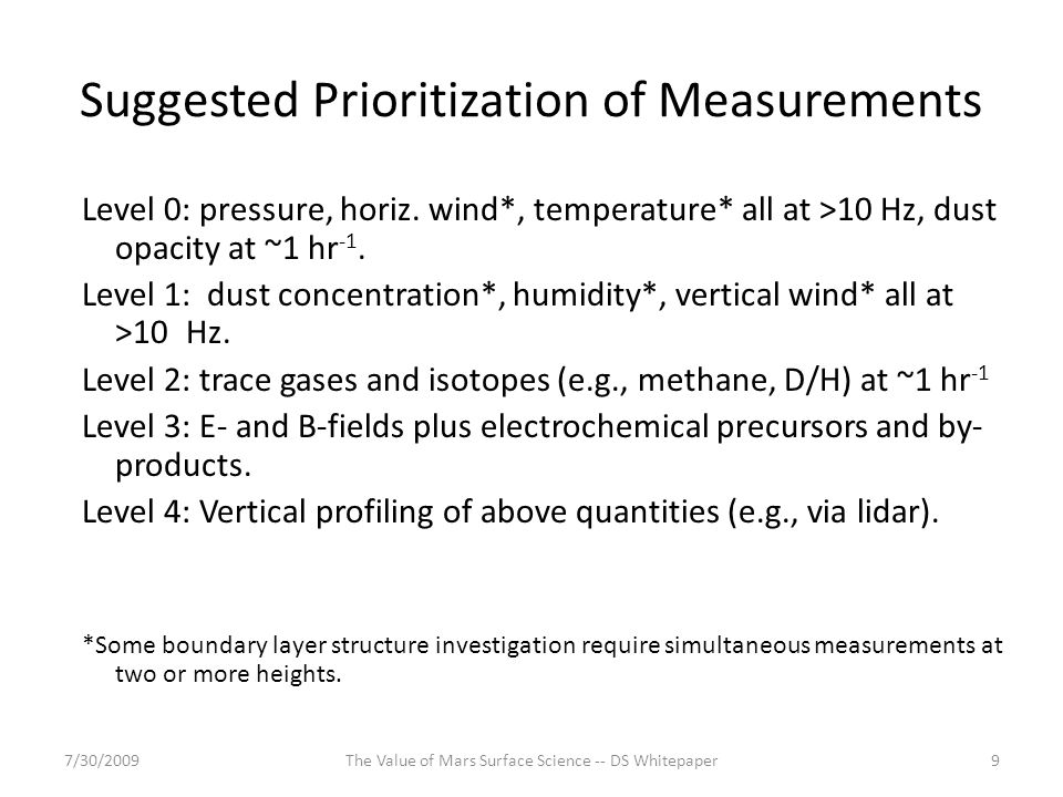 Suggested Prioritization of Measurements Level 0: pressure, horiz.