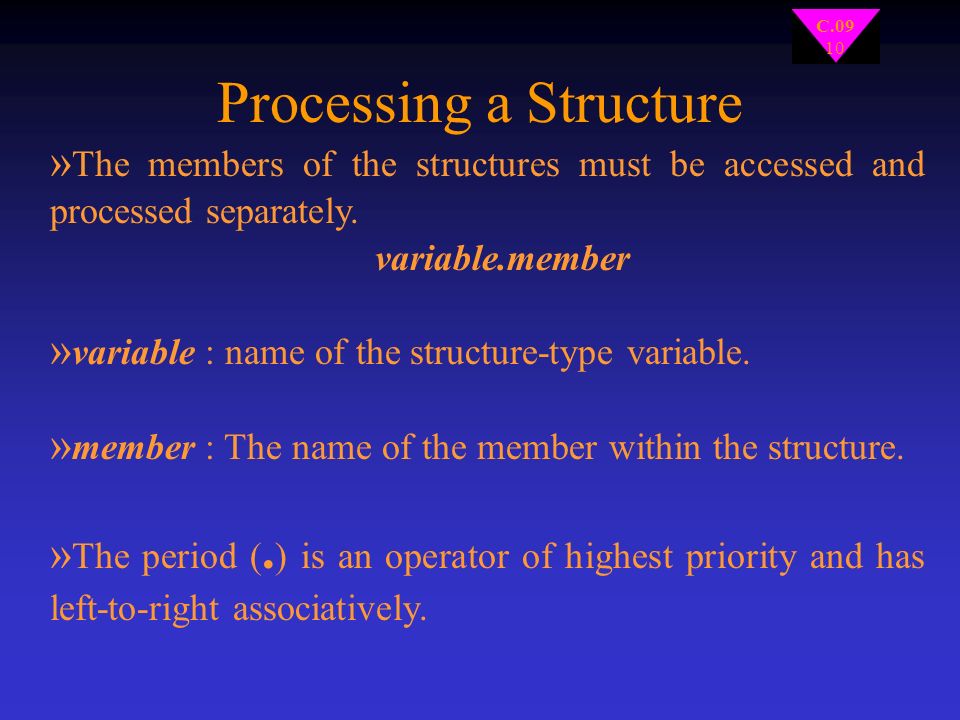 C Processing a Structure » The members of the structures must be accessed and processed separately.