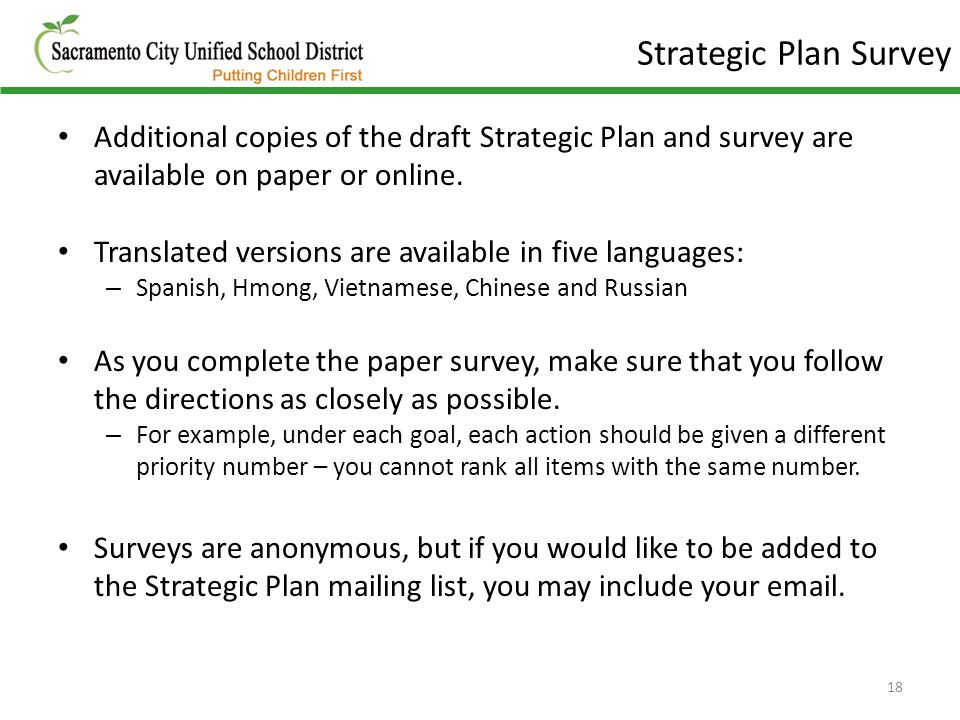 Strategic Plan Survey Additional copies of the draft Strategic Plan and survey are available on paper or online.
