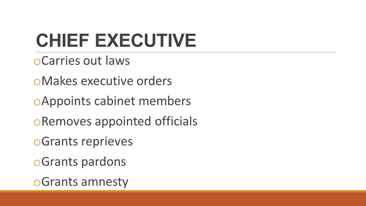 CHIEF EXECUTIVE o Carries out laws o Makes executive orders o Appoints cabinet members o Removes appointed officials o Grants reprieves o Grants pardons o Grants amnesty