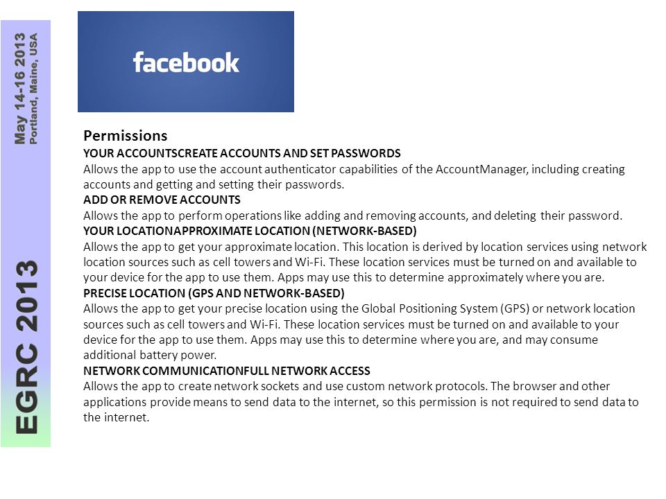 Permissions YOUR ACCOUNTSCREATE ACCOUNTS AND SET PASSWORDS Allows the app to use the account authenticator capabilities of the AccountManager, including creating accounts and getting and setting their passwords.