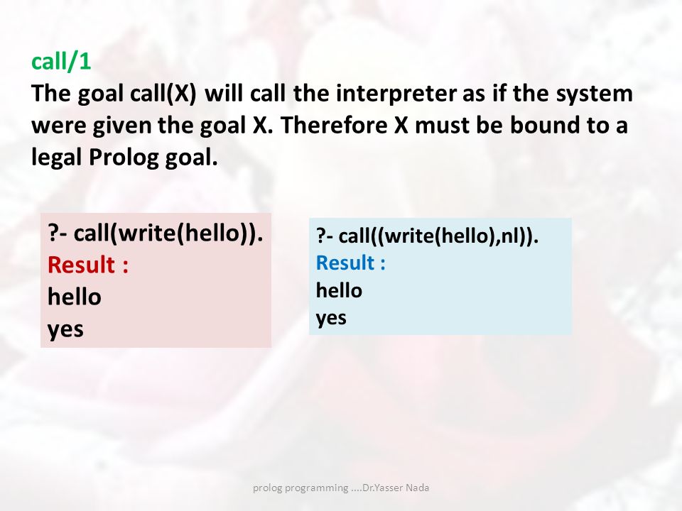 prolog programming....Dr.Yasser Nada call/1 The goal call(X) will call the interpreter as if the system were given the goal X.