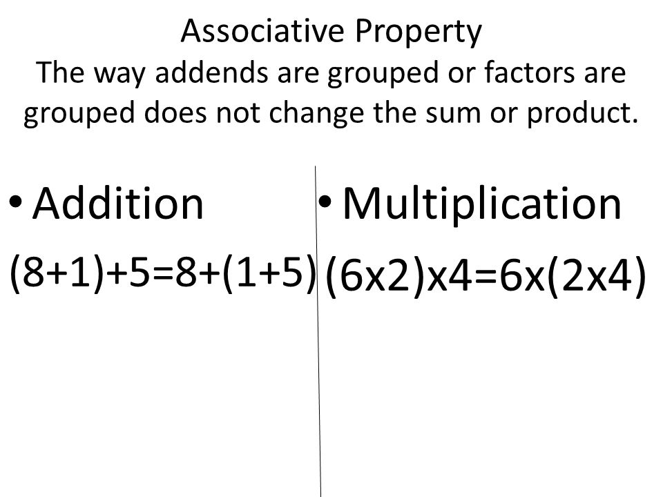 Commutative Property If the order of the addends or factors is changed, the sum or product stays the same.