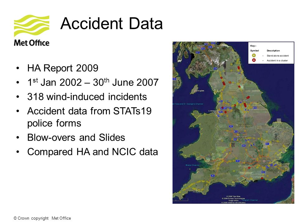 © Crown copyright Met Office Accident Data HA Report st Jan 2002 – 30 th June wind-induced incidents Accident data from STATs19 police forms Blow-overs and Slides Compared HA and NCIC data