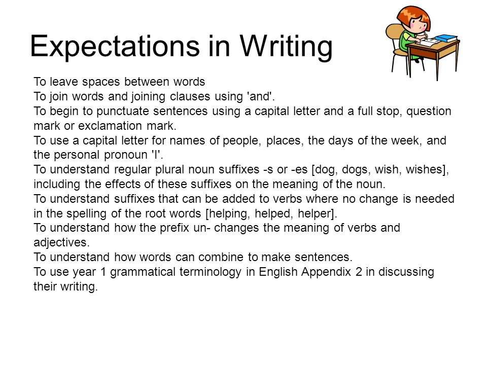 Expectations in Writing To leave spaces between words To join words and joining clauses using and .