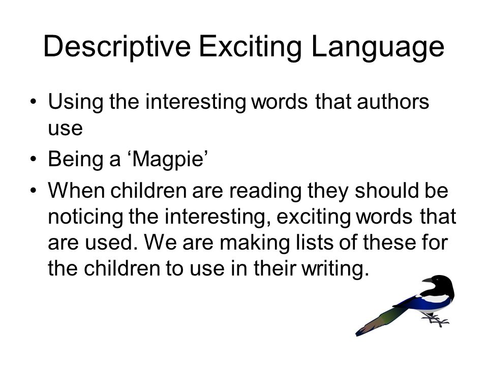 Descriptive Exciting Language Using the interesting words that authors use Being a ‘Magpie’ When children are reading they should be noticing the interesting, exciting words that are used.
