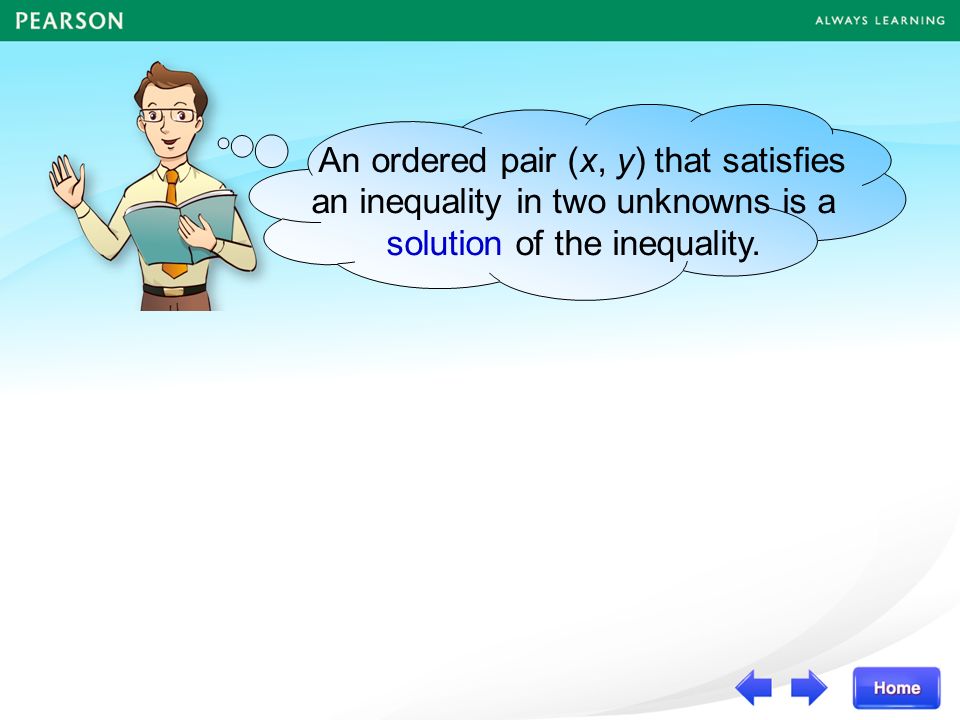 An ordered pair (x, y) that satisfies an inequality in two unknowns is a solution of the inequality.