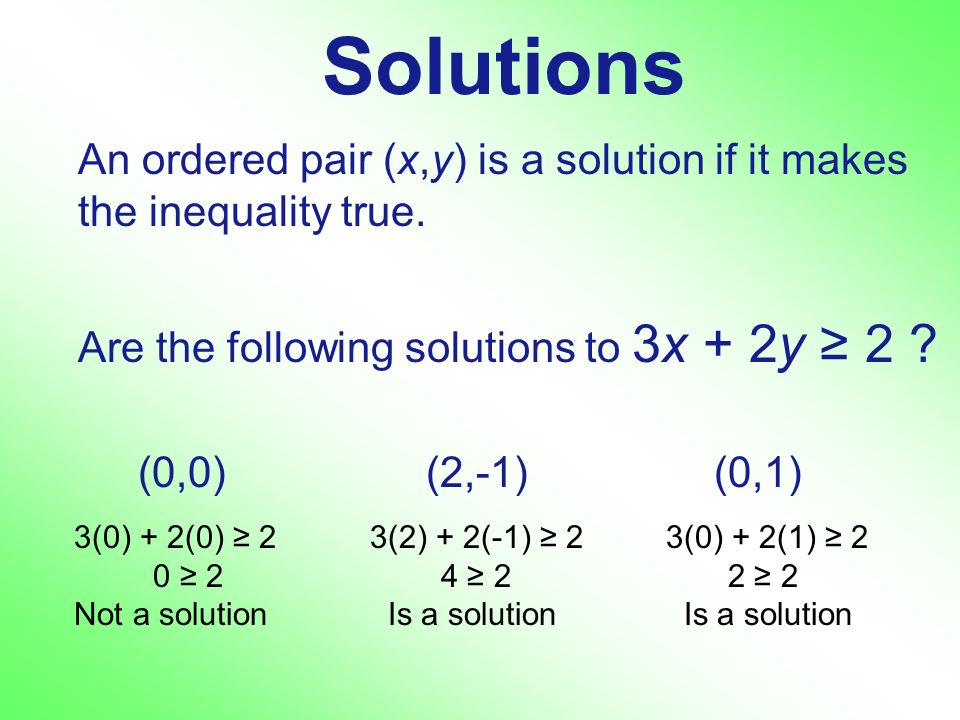 Solutions An ordered pair (x,y) is a solution if it makes the inequality true.