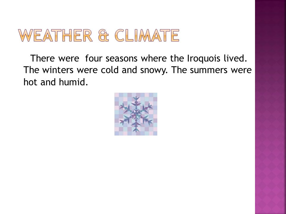 There were four seasons where the Iroquois lived. The winters were cold and snowy.