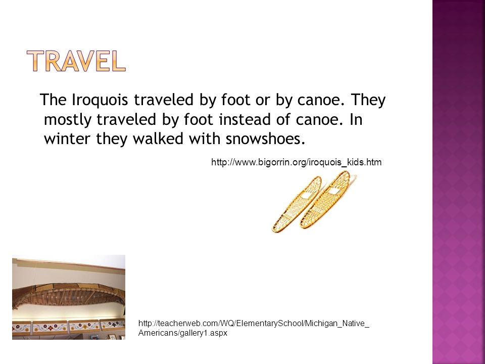 The Iroquois traveled by foot or by canoe. They mostly traveled by foot instead of canoe.