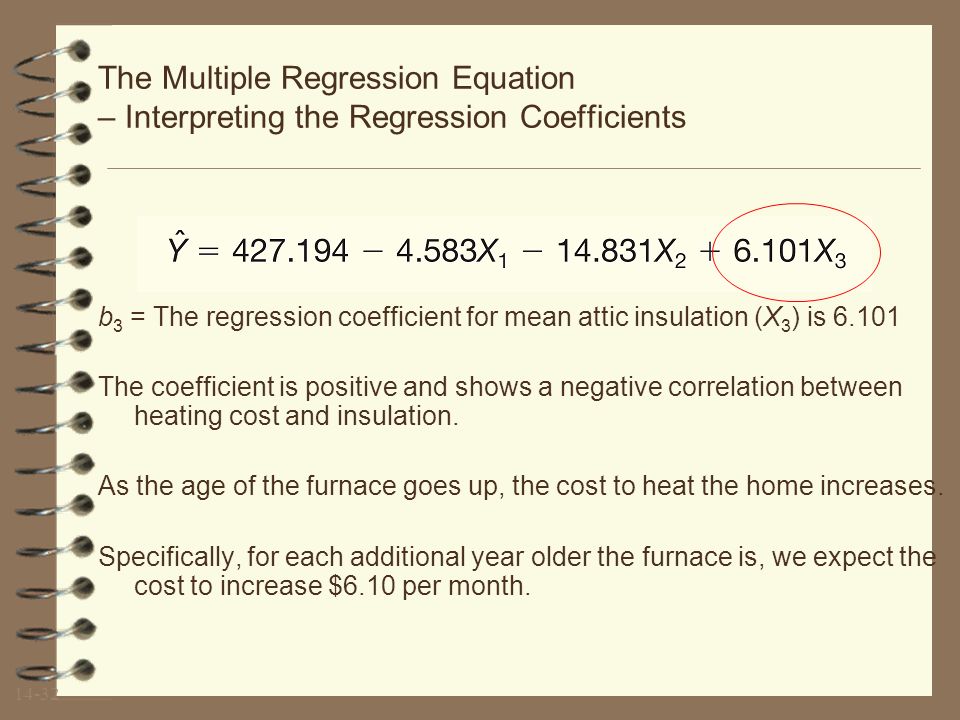 14-31 The Multiple Regression Equation – Interpreting the Regression Coefficients b 2 = The regression coefficient for mean attic insulation (X 2 ) is