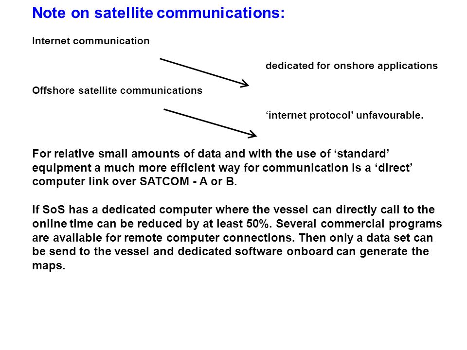 Note on satellite communications: Internet communication dedicated for onshore applications Offshore satellite communications ‘internet protocol’ unfavourable.