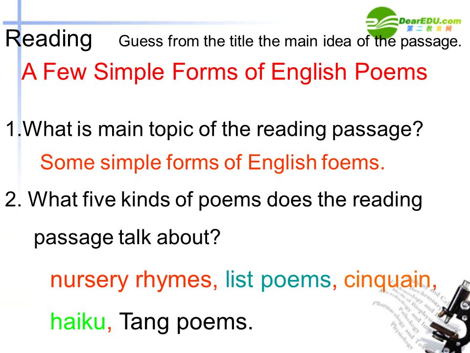 A Few Simple Forms of English Poems 1.What is main topic of the reading passage.