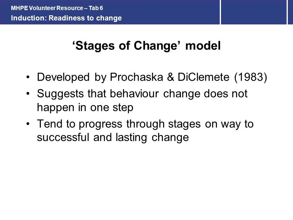 MHPE Volunteer Resource – Tab 6 Induction: Readiness to change ‘Stages of Change’ model Developed by Prochaska & DiClemete (1983) Suggests that behaviour change does not happen in one step Tend to progress through stages on way to successful and lasting change
