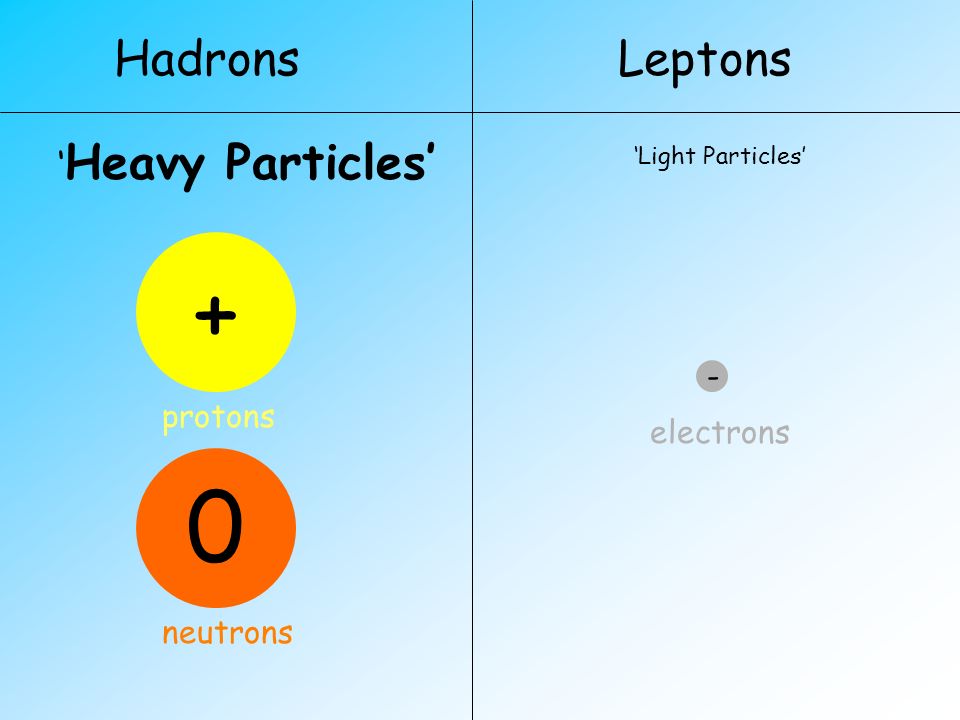 HadronsLeptons ‘ Heavy Particles’ ‘Light Particles’ protons neutrons electrons