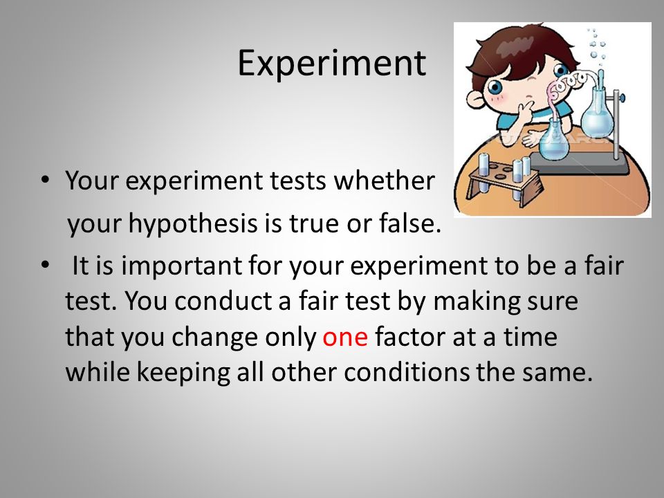 Experiment Your experiment tests whether your hypothesis is true or false.