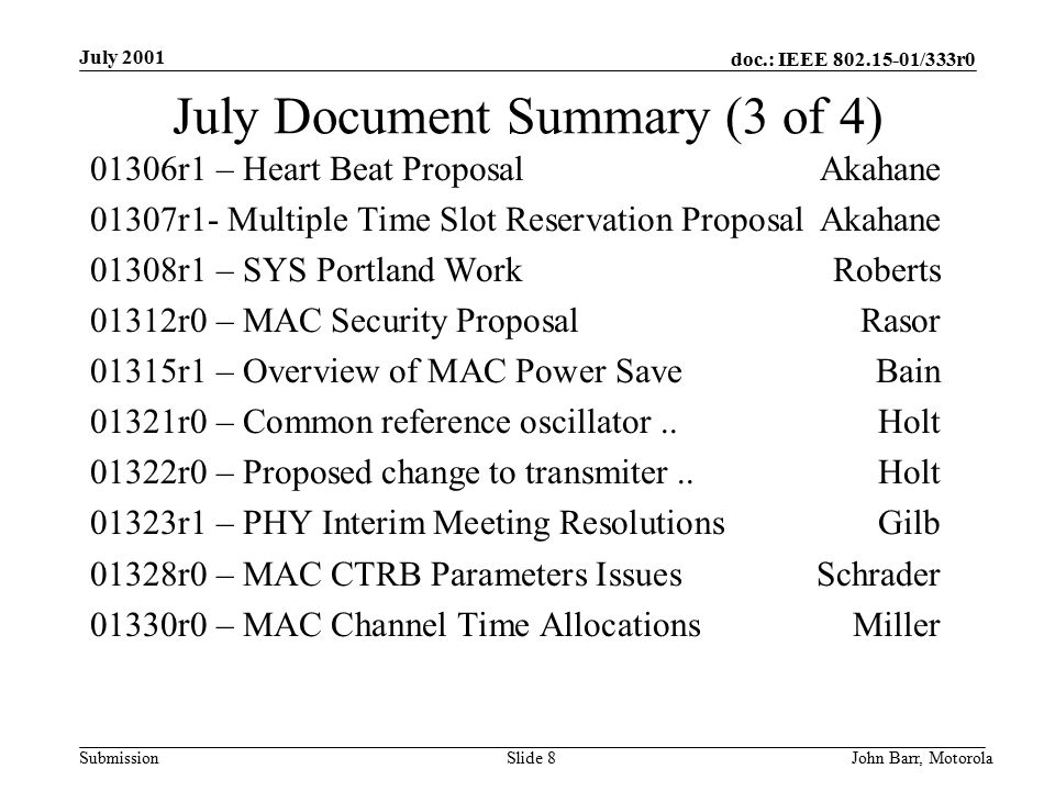 doc.: IEEE /333r0 Submission July 2001 John Barr, MotorolaSlide 8 July Document Summary (3 of 4) 01306r1 – Heart Beat ProposalAkahane 01307r1- Multiple Time Slot Reservation ProposalAkahane 01308r1 – SYS Portland WorkRoberts 01312r0 – MAC Security ProposalRasor 01315r1 – Overview of MAC Power SaveBain 01321r0 – Common reference oscillator..Holt 01322r0 – Proposed change to transmiter..Holt 01323r1 – PHY Interim Meeting ResolutionsGilb 01328r0 – MAC CTRB Parameters IssuesSchrader 01330r0 – MAC Channel Time AllocationsMiller