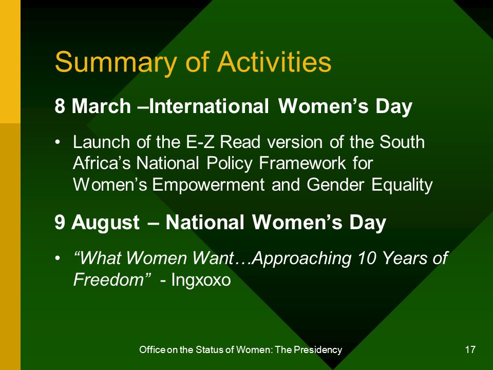 Office On The Status Of Women The Presidency 1 What Women Want Approaching 10 Years Of Freedom Presented To The Joint Monitoring Committee On The Improvement Ppt Download